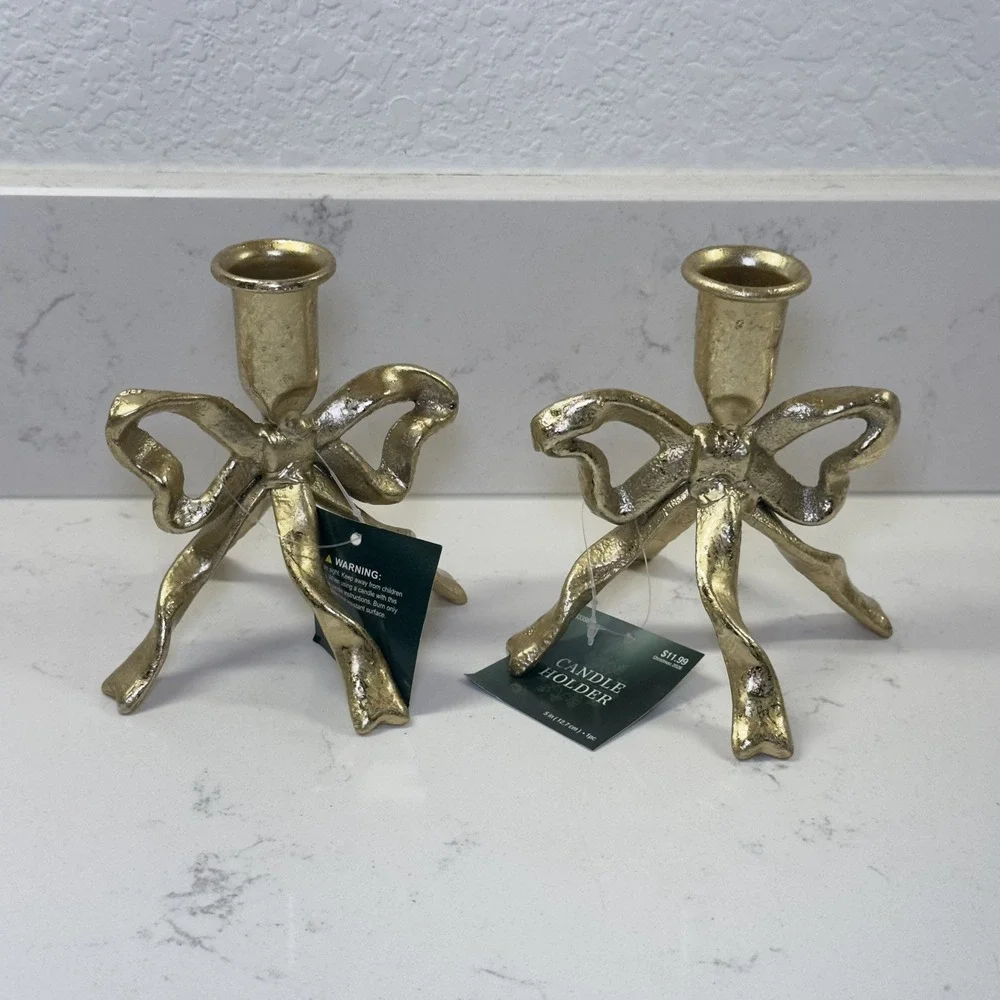 Hobby Lobby Gold Bow Taper Candle Holders Set of 2 Christmas 2026 NEW